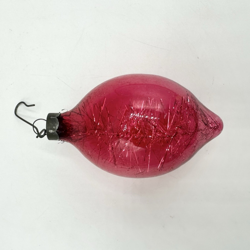 USA Vintage Red Glass Tinsel Teardrop Christmas Ornament Made In US of A